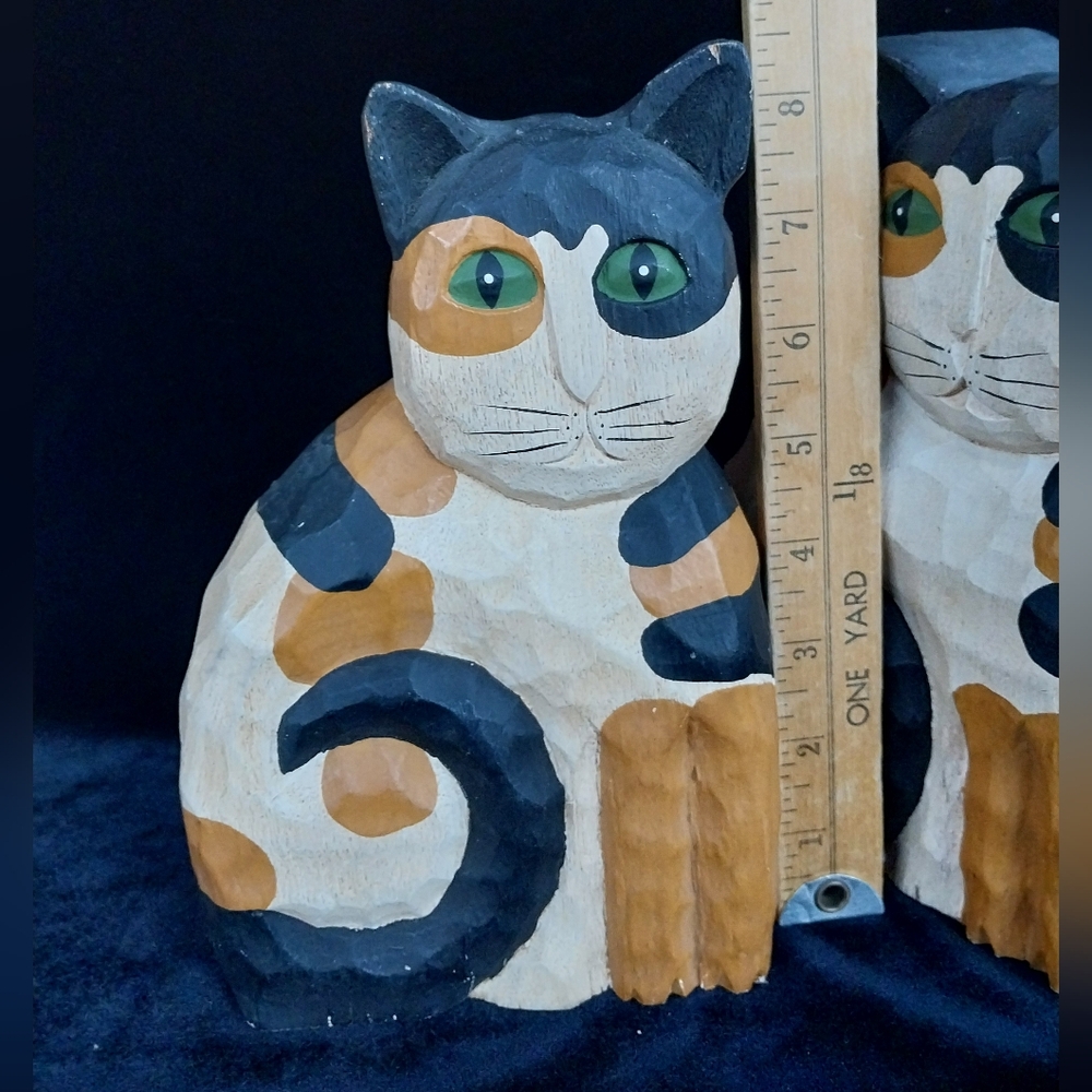 Pair Carved Wood Folk Art Cat Statue Kitty Signed with James Haddon